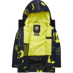 DC Youth Propaganda Jacket 2022 - A navy blue jacket with a large yellow and white logo on the back, featuring a hood and zippered pockets.