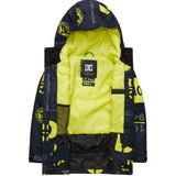 DC Youth Propaganda Jacket 2022 - A navy blue jacket with a large yellow and white logo on the back, featuring a hood and zippered pockets.