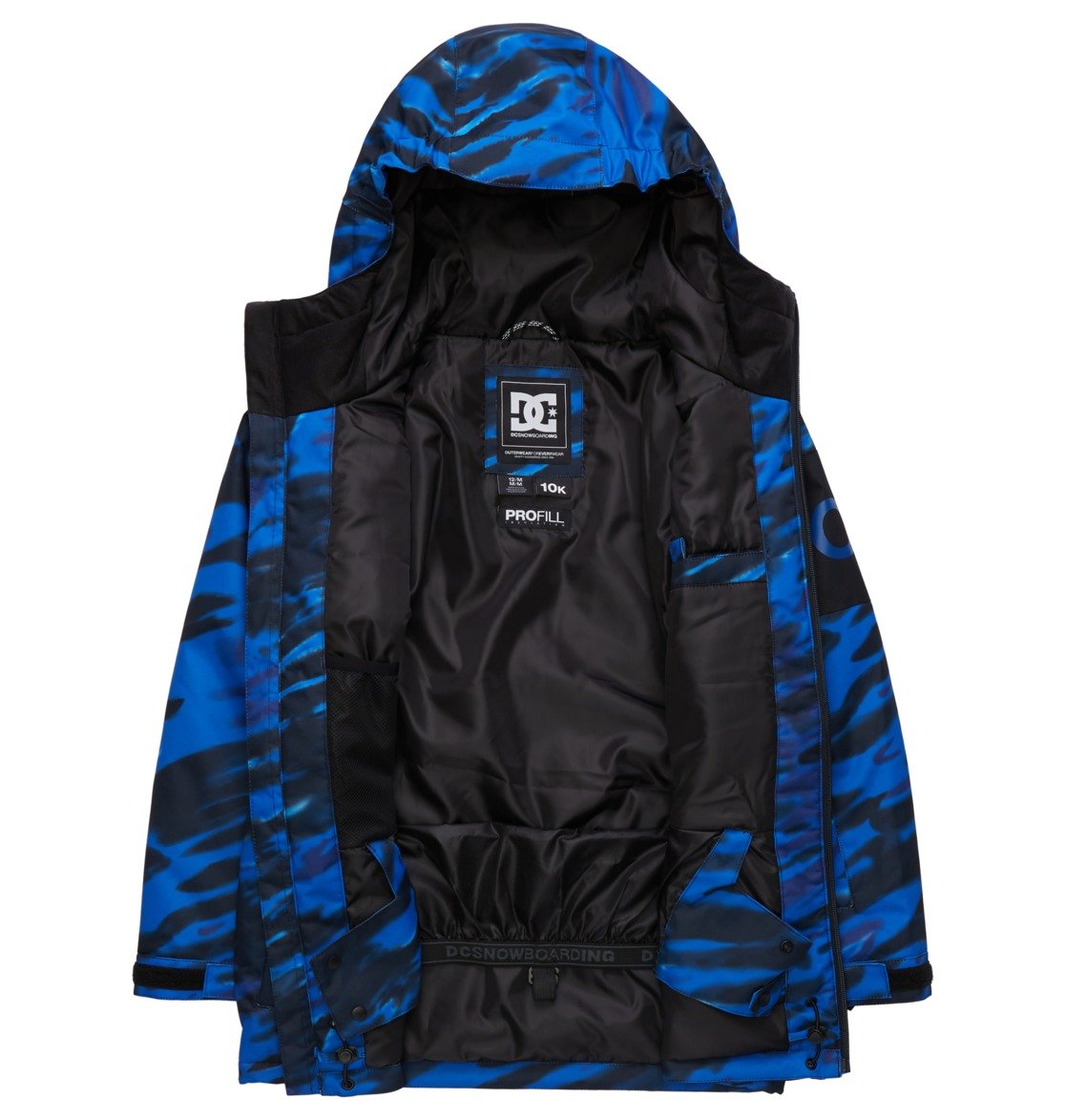DC Youth Propaganda Jacket 2022 - A blue and black camouflage print youth jacket with a hood, featuring a zip closure and two front pockets.