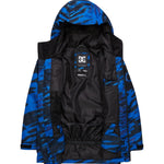 DC Youth Propaganda Jacket 2022 - A blue and black camouflage print youth jacket with a hood, featuring a zip closure and two front pockets.