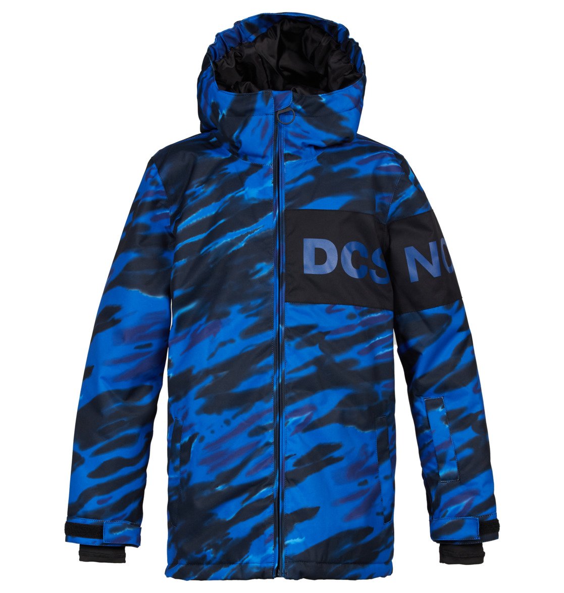 DC Youth Propaganda Jacket 2022 - A blue and black camouflage patterned youth jacket with a hood, featuring a zip closure and two front pockets.