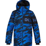 DC Youth Propaganda Jacket 2022 - A blue and black camouflage patterned youth jacket with a hood, featuring a zip closure and two front pockets.