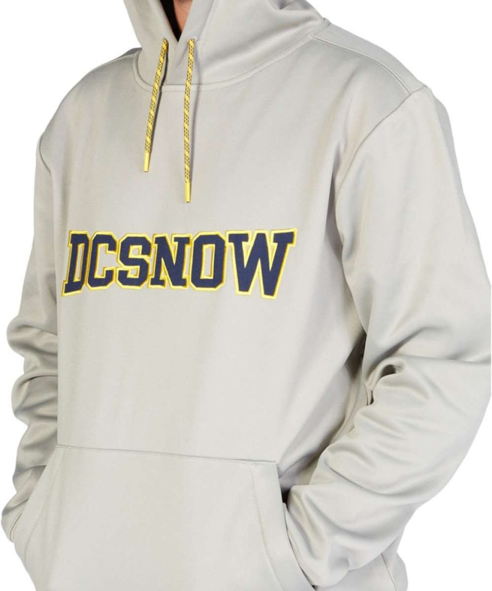 DC Snowstar Fleece Hoodie - A light gray hoodie with a yellow drawstring and a large "DC" logo on the front in dark gray letters outlined in yellow.