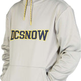 DC Snowstar Fleece Hoodie - A light gray hoodie with a yellow drawstring and a large "DC" logo on the front in dark gray letters outlined in yellow.