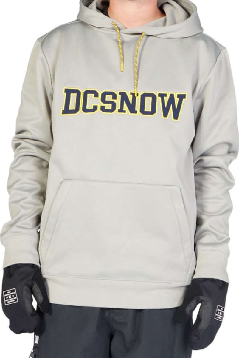 DC Snowstar Fleece Hoodie - A light gray hoodie with a yellow drawstring and a large front pocket.