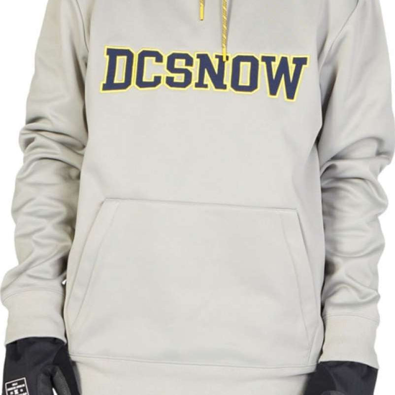 DC Snowstar Fleece Hoodie - A light gray hoodie with a yellow drawstring and a large front pocket.