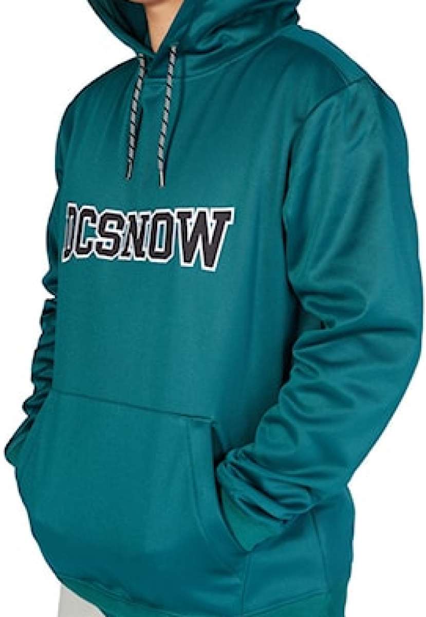 DC Snowstar Fleece Hoodie 2023 - A dark green fleece hoodie with a kangaroo pocket and drawstring hood.