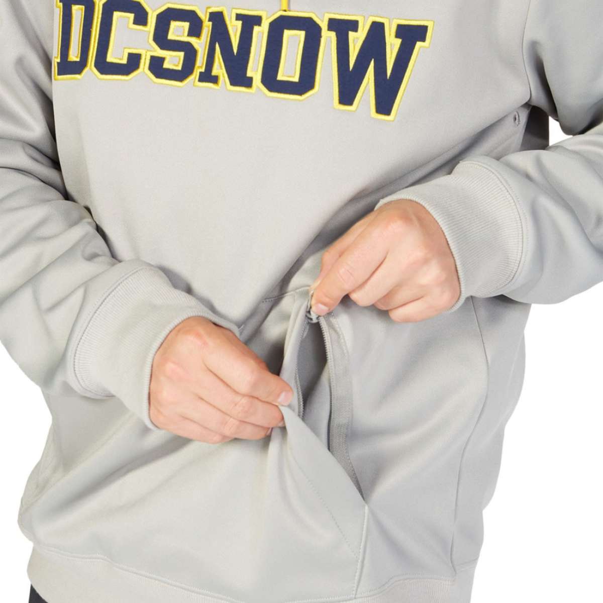 DC Snowstar Fleece Hoodie 2023 - A light gray fleece hoodie with a yellow and navy blue logo on the chest.