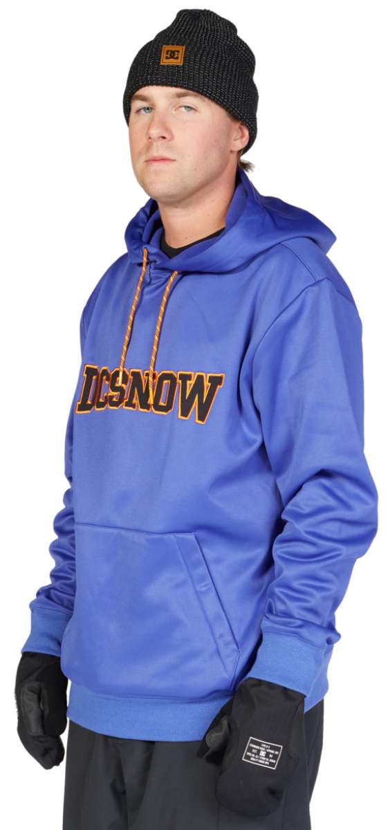 DC Snowstar Fleece Hoodie - A royal blue fleece hoodie with a hood and drawstrings, featuring an orange logo on the chest.
