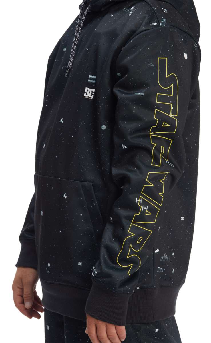 DC Star Wars Snowstar Fleece Hoodie 2023 - A black hoodie with white snowflakes and a repeating pattern of small, stylized Star Wars characters.