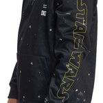 DC Star Wars Snowstar Fleece Hoodie 2023 - A black hoodie with white snowflakes and a repeating pattern of small, stylized Star Wars characters.