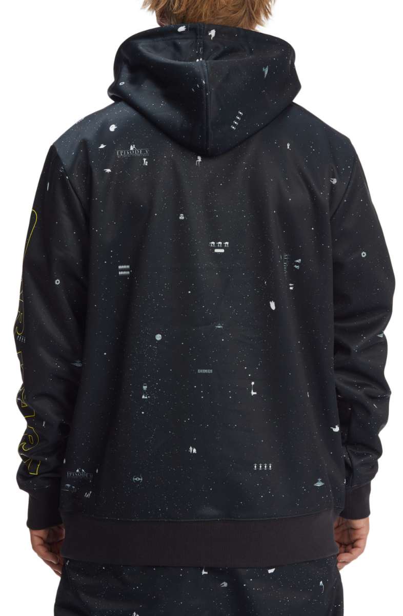DC Star Wars Snowstar Fleece Hoodie 2023 - A black hoodie with white snowflakes and a repeating pattern of Darth Vader's helmet.