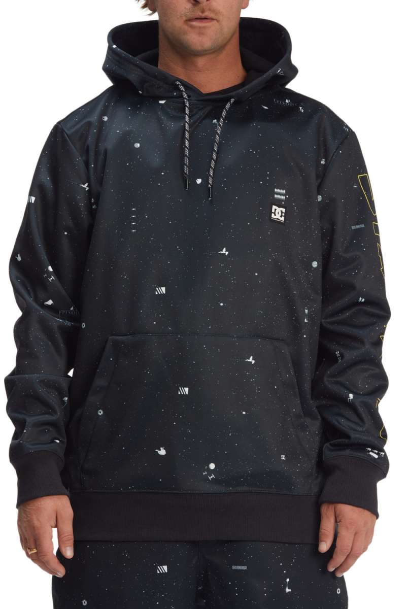DC Star Wars Snowstar Fleece Hoodie 2023 - A black hoodie with white and yellow graphics of various Star Wars characters, including Darth Vader and Stormtroopers.