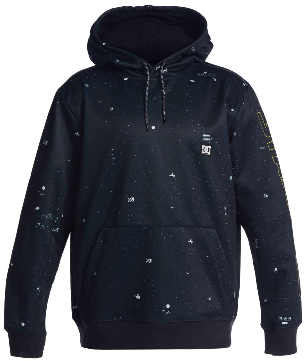 DC Star Wars Snowstar Fleece Hoodie 2023 - A black hoodie with white and gray snowflakes, featuring a small white "DC" logo on the chest.