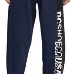DC Static Sweatpants - Pair of navy blue sweatpants with white DC logo on left leg.