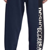 DC Static Sweatpants - Pair of navy blue sweatpants with white DC logo on left leg.
