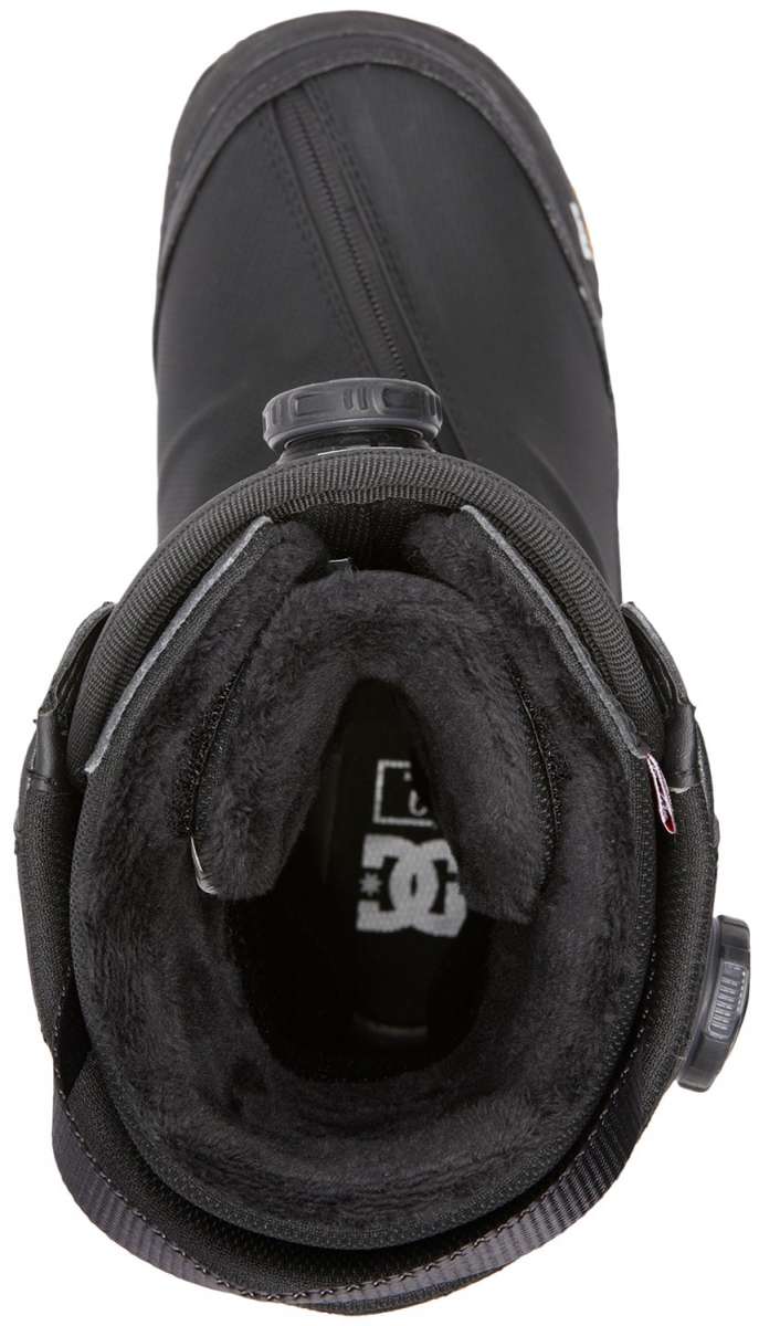 DC Transcend BOA Snowboard Boots 2024 - Black snowboard boots with a white logo on the side and a black zipper.