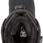 DC Transcend BOA Snowboard Boots 2024 - Black snowboard boots with a white logo on the side and a black zipper.