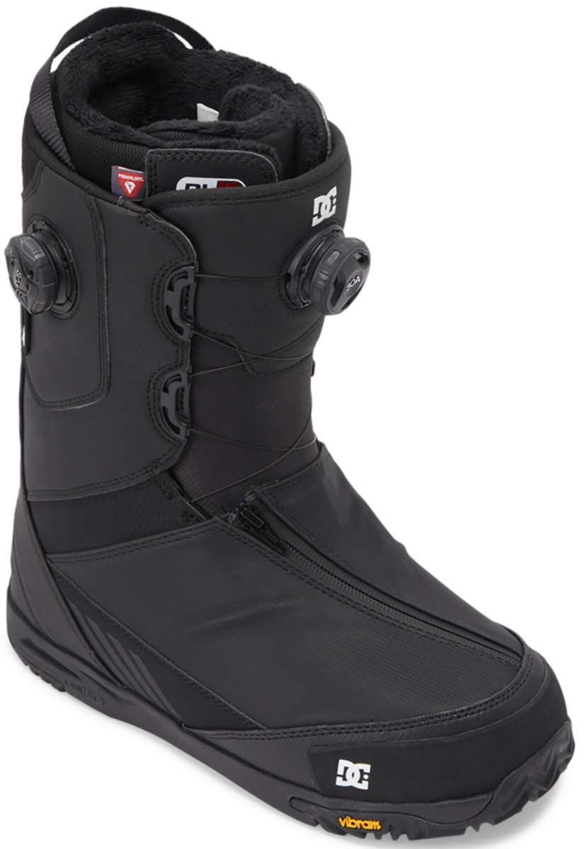 DC Transcend BOA Snowboard Boots 2024 - Black snowboard boots with a sleek, modern design and silver BOA dials on the side.