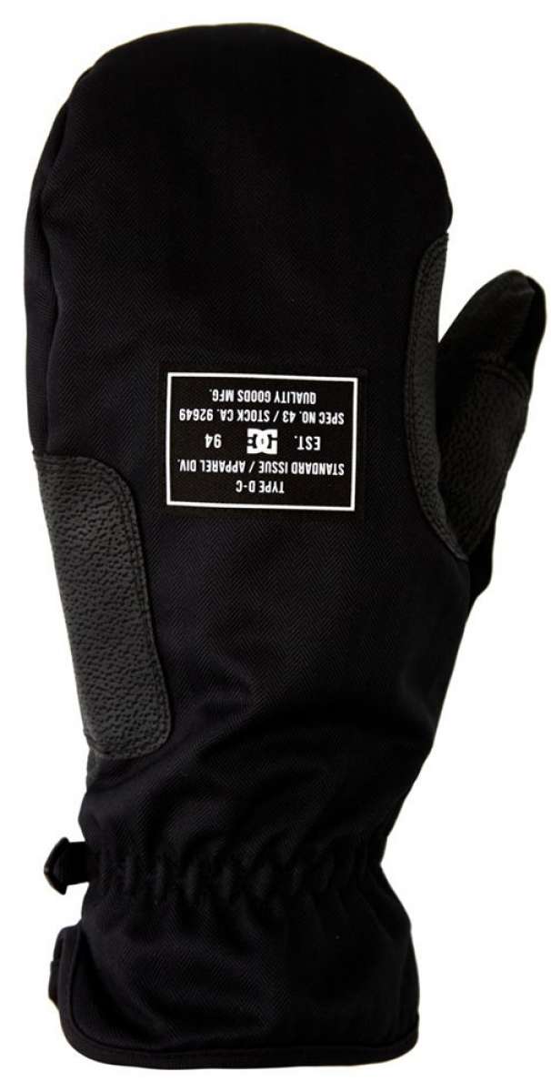 DC Tribute Mitt 2023 - Black mittens with a textured pattern on the palm side, featuring a white DC logo on the back of one mitten.