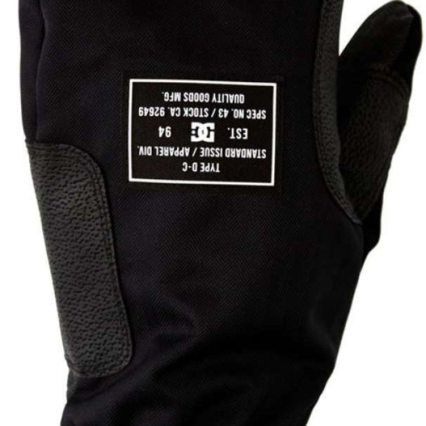 DC Tribute Mitt 2023 - Black mittens with a textured pattern on the palm side, featuring a white DC logo on the back of one mitten.