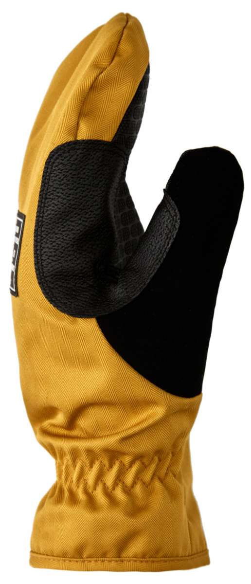 DC Tribute Mitt 2023 - A pair of mittens with a black palm side and yellow back, featuring a textured pattern on the thumb and fingers.