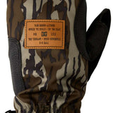 DC Tribute Mitt 2023 - A pair of mittens with a camouflage pattern in shades of brown and tan, featuring a rectangular leather patch on the back.