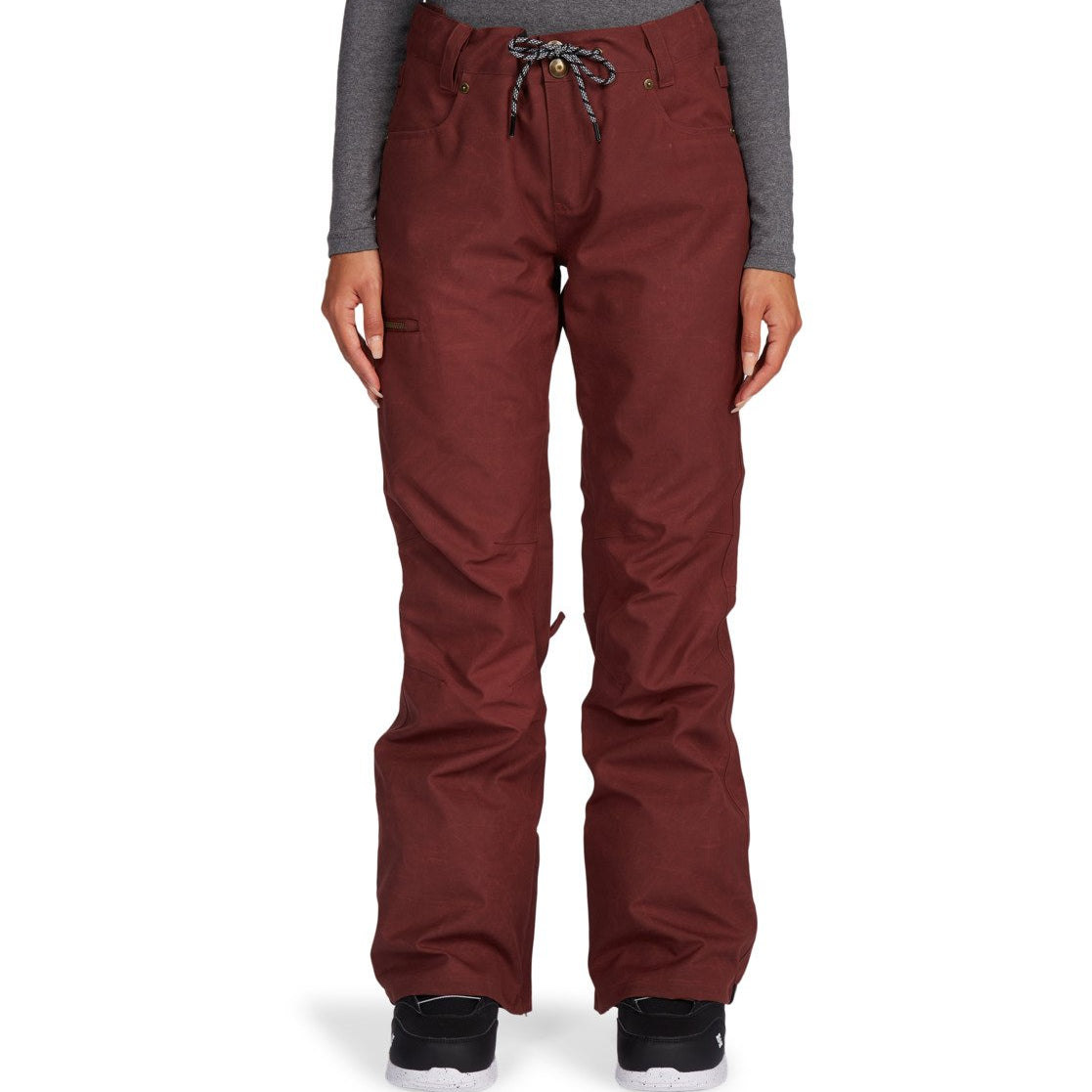 DC Women's Viva Shell Pant 2022 - A pair of burgundy snow pants with a zippered pocket on the thigh and a drawstring waistband.