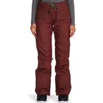 DC Women's Viva Shell Pant 2022 - A pair of burgundy snow pants with a zippered pocket on the thigh and a drawstring waistband.