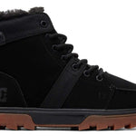 DC Woodland Boots 2024 - Black boots with a textured upper and brown sole.