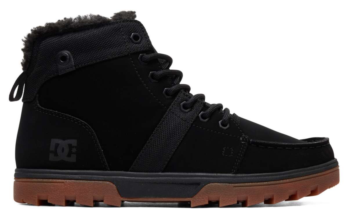 DC Woodland Boots 2024 - Black boots with a textured upper and brown sole.