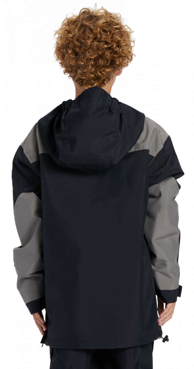 DC Youth 43 Insulated Anorak Jacket 2024 - A black, grey and white jacket with a hood on a young model wearing it from behind.