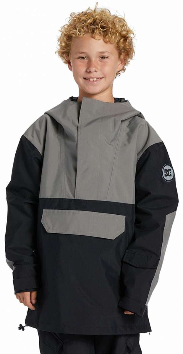 DC Youth 43 Insulated Anorak Jacket 2024 - A black and grey jacket with a hood, featuring a zippered front and two pockets on the chest.