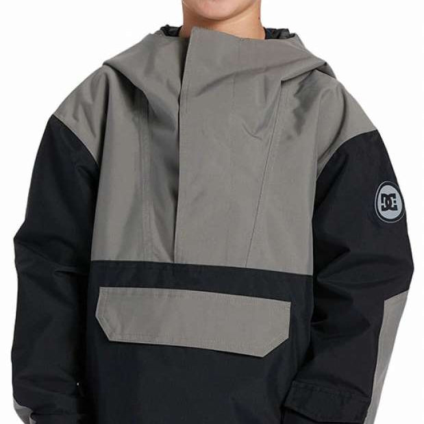 DC Youth 43 Insulated Anorak Jacket 2024 - A black and grey jacket with a hood, featuring a zippered front and two pockets on the chest.