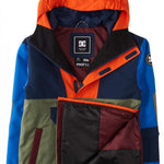 DC Youth 43 Insulated Anorak Jacket 2024 - A navy blue jacket with a hood, featuring orange accents and a zippered front.