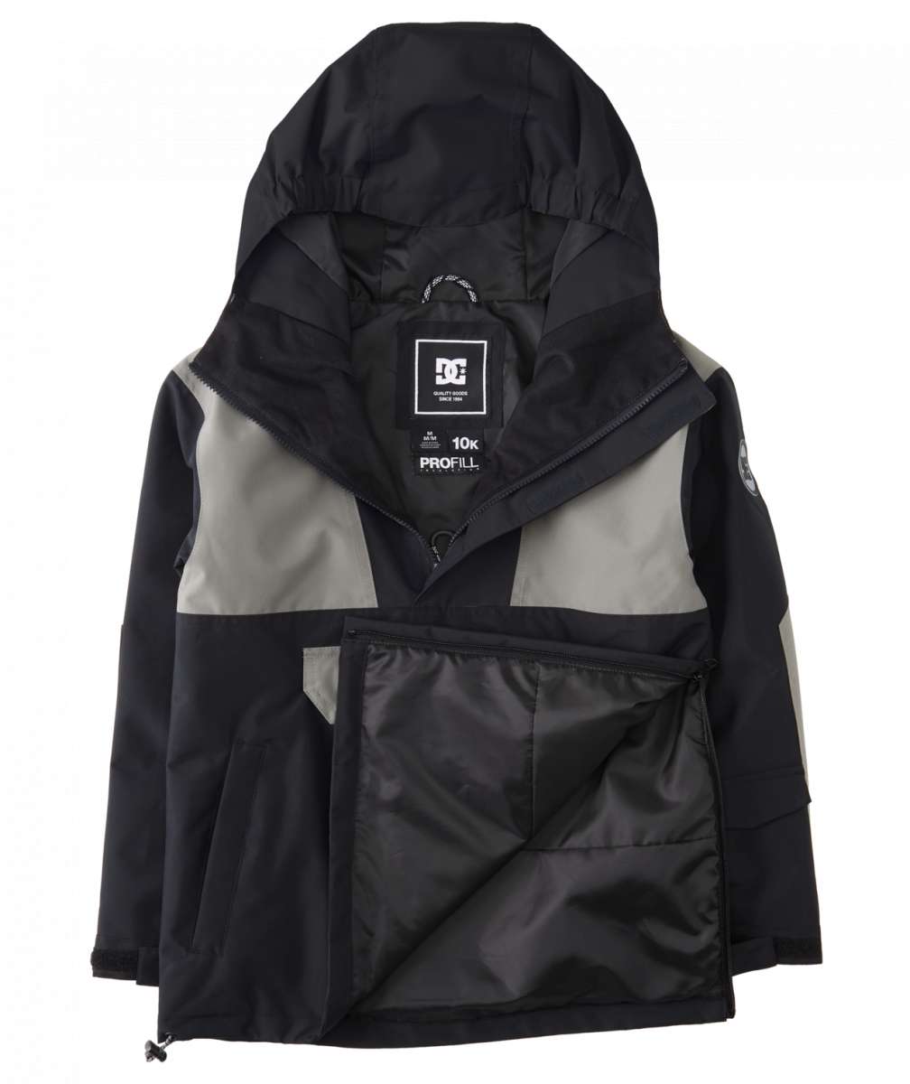DC Youth 43 Insulated Anorak Jacket 2024 - Black jacket with white logo on left chest and gray accents around zipper, hood, and sleeves.