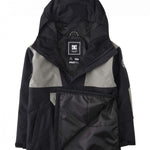 DC Youth 43 Insulated Anorak Jacket 2024 - Black jacket with white logo on left chest and gray accents around zipper, hood, and sleeves.