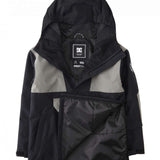 DC Youth 43 Insulated Anorak Jacket 2024 - Black jacket with white logo on left chest and gray accents around zipper, hood, and sleeves.