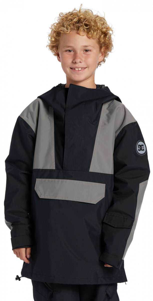 DC Youth 43 Insulated Anorak Jacket 2024 - A black jacket with a grey stripe on the chest and a hood.
