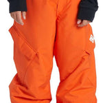 DC Youth Banshee Insulated Pant 2024 - Bright orange snow pants with diagonal white stripes on the side of each leg.