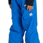 DC Youth Banshee Insulated Pant 2024 - A pair of blue snow pants with a white DC logo on the left leg, featuring an adjustable waistband and belt loops.