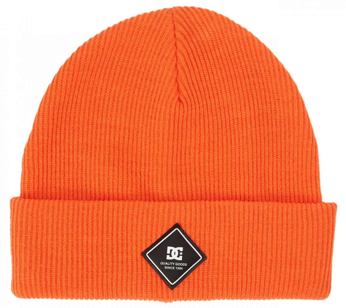 DC Youth Label Beanie 2024 - A bright orange beanie with a black label featuring white lettering on the front.
