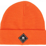 DC Youth Label Beanie 2024 - A bright orange beanie with a black label featuring white lettering on the front.