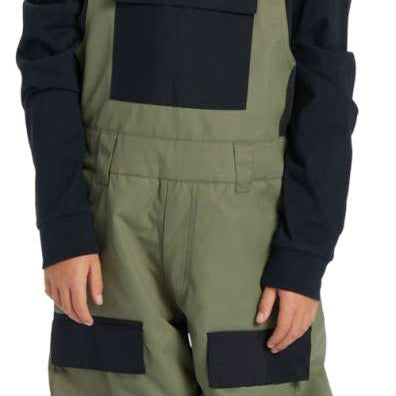 DC Youth Roadblock Insulated Bib 2024 - A pair of olive green snow pants with black accents and a white DC logo on the left leg.