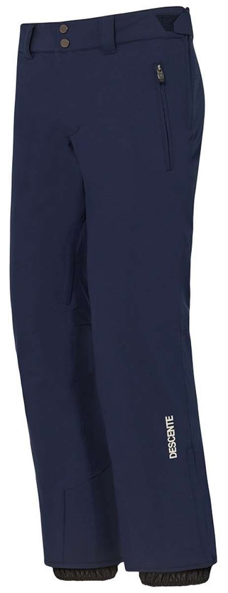 Descente Crown Insulated Pant 2024 - Dark blue insulated ski pants with a zippered pocket on the right thigh and two brown buttons at the waistband.