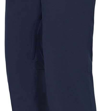 Descente Crown Insulated Pant 2024 - Dark blue insulated ski pants with a zippered pocket on the right thigh and two brown buttons at the waistband.