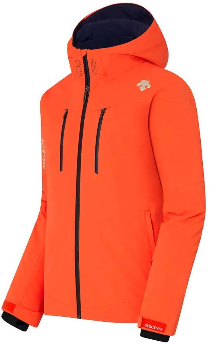 Descente Josh Insulated Jacket 2023 - A bright orange jacket with a white logo on the upper right side, featuring two zippered pockets and a black zipper down the front.