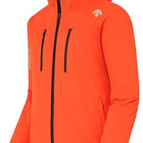 Descente Josh Insulated Jacket 2023 - A bright orange jacket with a white logo on the upper right side, featuring two zippered pockets and a black zipper down the front.