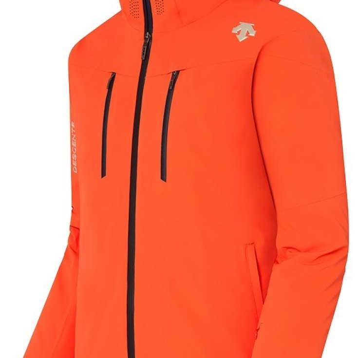 Descente Josh Insulated Jacket 2023 - A bright orange jacket with a white logo on the upper right side, featuring two zippered pockets and a black zipper down the front.