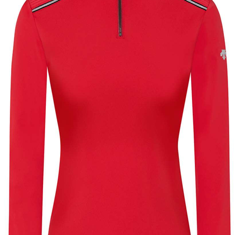 Descente Women's Dallas Top 2023 - A coral-colored, long-sleeved top with a high collar and zip closure at the front.